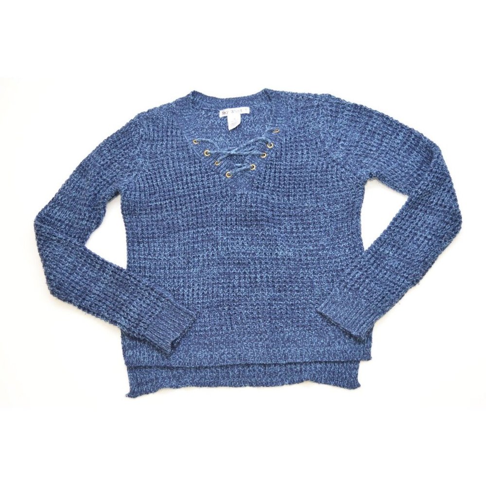 Say What?‎ Women's Pullover Knit Sweater Lace Up Blue Medium Long Sleeves
